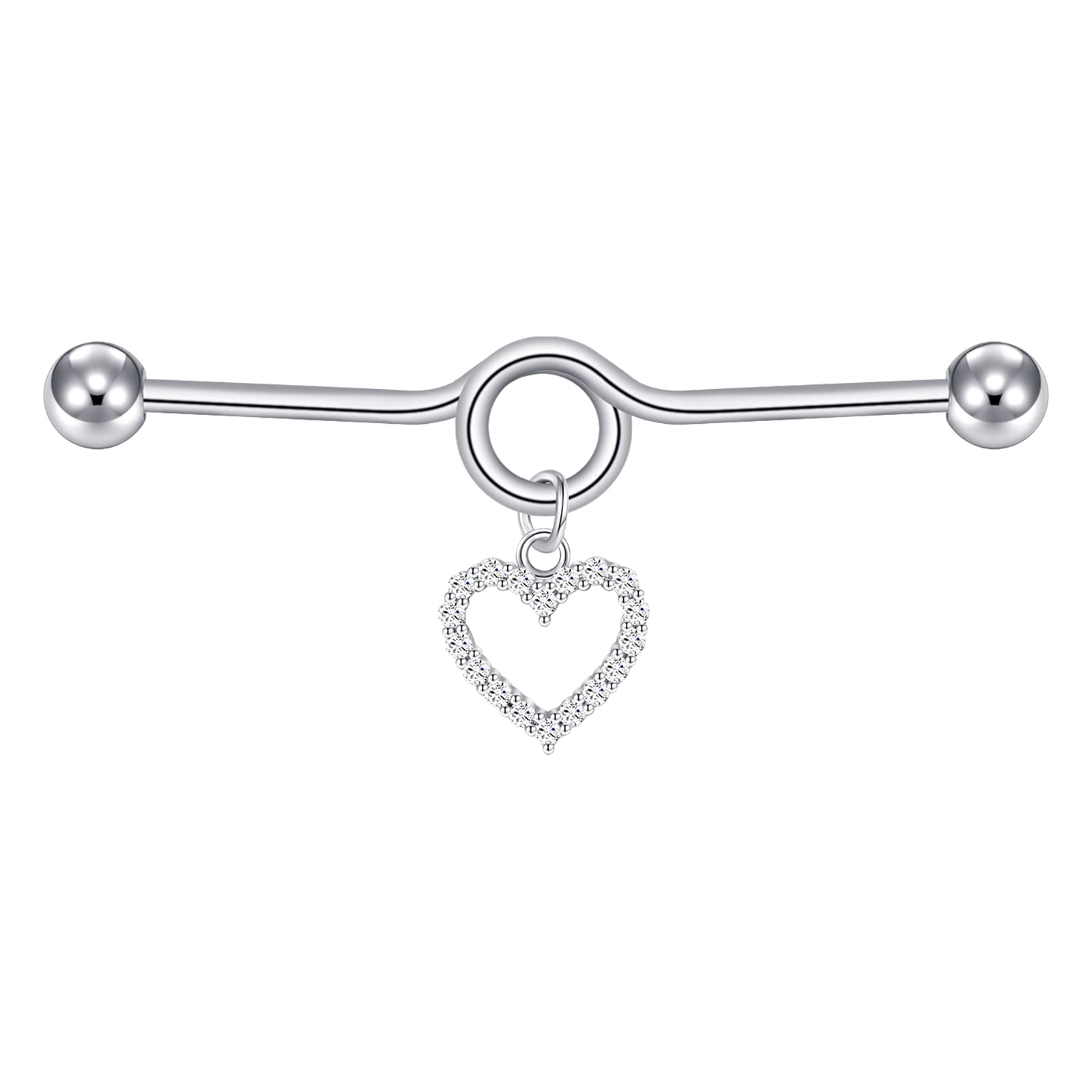 D.Bella Industrial Bar Piercing with Dangling Heart Star 38mm Industrial Barbell Stainless Steel Cartilage Earrings CZ Industrial Piercing Jewellery 1.6mm Scaffold Piercing Bar