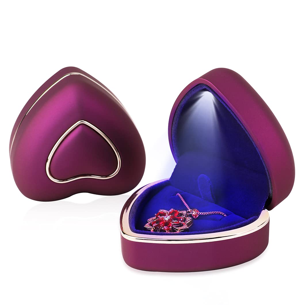 Rolin Roly Pendant Box with LED Light Purple Heart Shape Velvet Box Storage Jewelry Boxes Display Necklace Gift Case for Organizer Engagement Anniversaries Weddings