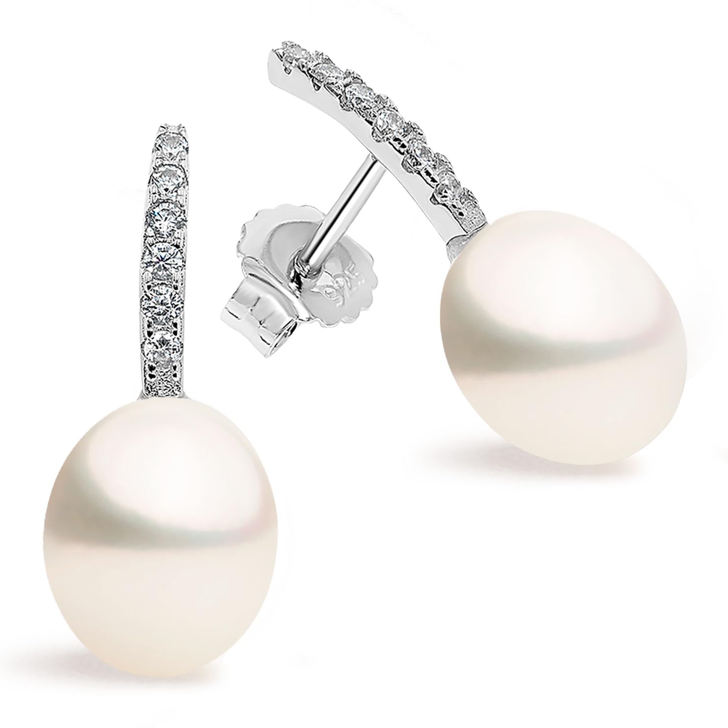 Women Pearl Earrings Freshwater Cultured Pearls Drop Shape 8 to 9 mm by SECRET & YOU | Rhodium-plated Sterling Silver 925.