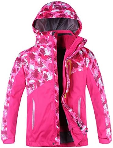 Jingle Bongala Boys Girls 3-in-1 Outdoor Waterproof Windproof Jacket Moutain Hiking Ski Jackets Hooded Coat With Fleece Liner-Red-M