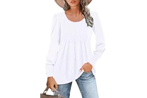 WNEEDU Long Sleeve Shirts for Women Crewneck Tunic Casual Tops Pleated Flowy Blouse 2025 New