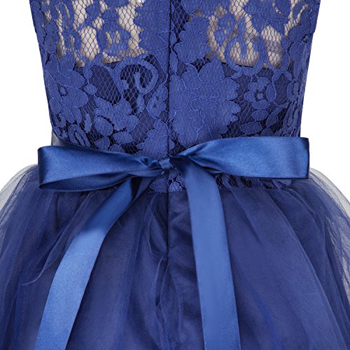 Acecharming Girls Lace Bridesmaid Wedding Dress with Bowknot Princess Prom Party Tulle Gown for 9-10 Year (Navy Blue) - Thumbnail 6