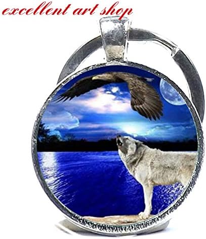 Howling Wolf Eagle Moon Keychain - Wolf Key Ring - Full Moon Keyring Jewellery - Wolf Werewolf Eagle Jewelry