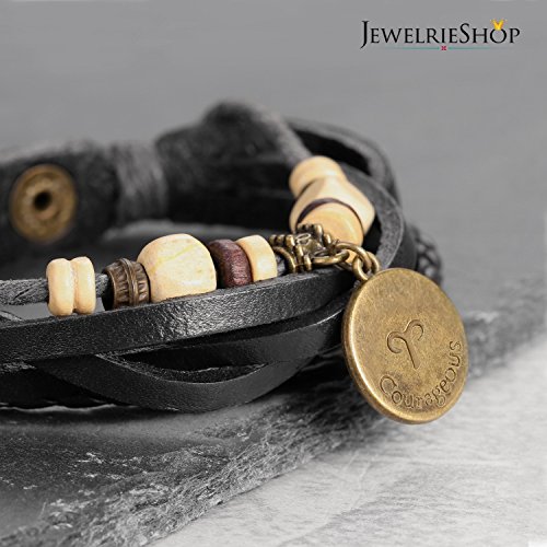 Lucky Handmade Natural Constellation Zodiac Sign Logo Genuine Real Leather Bracelet with Charms, Beads, Button, Adjustable Size, Gift for Him or for Her, Unisex (Aries - Black Leather)