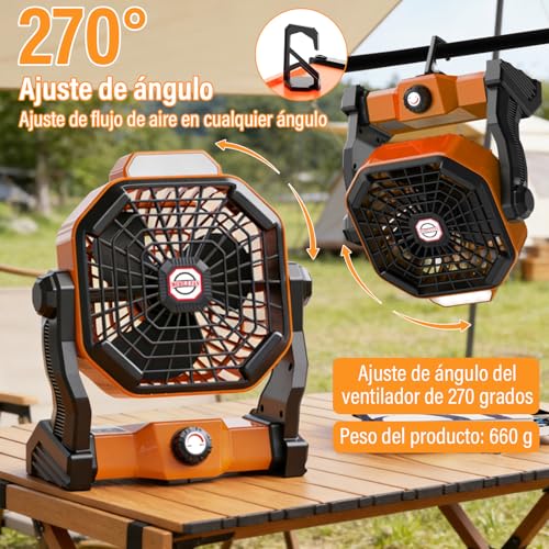 KIROGILY Ventilador Portatil, Abanico Portatil 10400 mAh, Ventilador Recargable con Luz LED y Gancho, Ventilador Camping 3 Niveles de Brillo, Ventilador de Escritorio para Camping, Viajes, Hogar