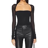 Cantonwalker Womens Sexy Mesh Long Sleeve Top Slim Fit See Through Square Neck Shirt Chic Fashion Outfits