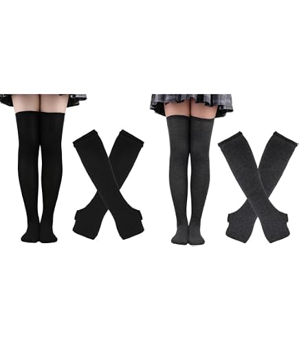 Ensemble Manchettes Et Chaussettes Hautes Rayées Noir Et Blanc Pour Femme - Taille Unique - Coton Mélangé - Pour Automne/hiver - 10