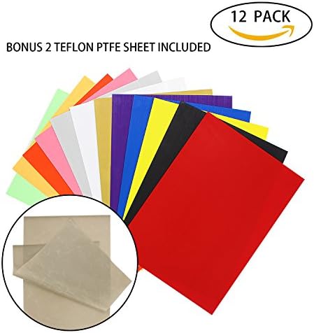 Zaker 12 Pack of Assorted Colors Heat Transfer Vinyl Bundle,Iron On T-Shirt Vinyl Transfer Sheets for Clothing, Cameo, Cricut, Die-Cut or Heat Press Machine- BONUS 2 Teflon PTFE Sheet