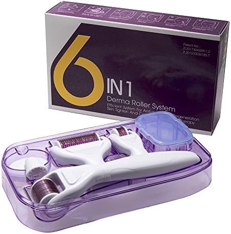 Derma Roller Set 6 in 1 | Pack of 4 Roller Heads for Body, Face, Eyes &amp; Topical Use | Includes Skin Cleansing Silicone Brush &amp; Disinfecting Basin | Effective Micro Therapy | Pink