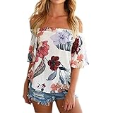WLLW Women Short Sleeve Off Shoulder Floral Asymmetric Hem Shirt Tops Blouse