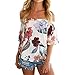 WLLW Women Short Sleeve Off Shoulder Floral Asymmetric Hem Shirt Tops Blouse