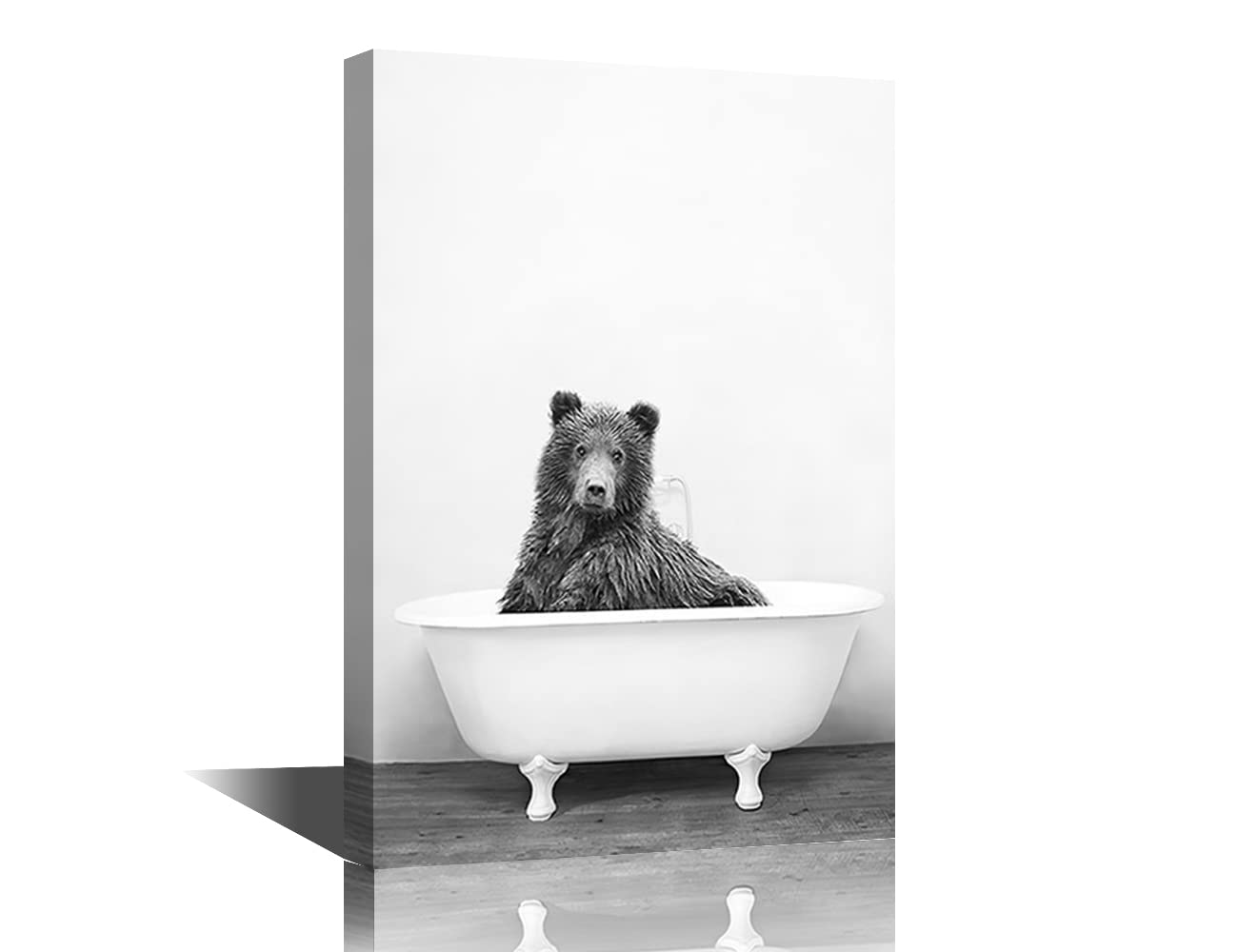 Bear Wall Art for Kids Room Bathroom Cute Bear Animal in A Tub Painting Black and White Funny Canvas Artwork Framed Creative Picture Modern Home Bedroom Office Living Room Decor, Framed(16x24in)