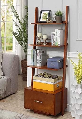Amazon Com Finola Book Cases Shelves Bookself Wood Leaning Ladder Four Tier With One Drawer Color Cherry Display Space To Showcase Your Books Furniture Decor