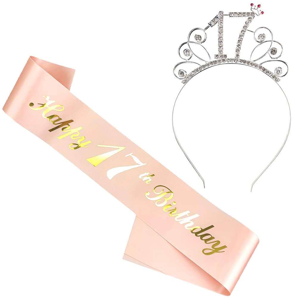 Liitata 17th Birthday Sash Tiara Set 17th Birthday Rhinestone Crown Headband 17th Happy Birthday Sash for Girls Birthday Party Gift Decoration Accessories - Rose Gold