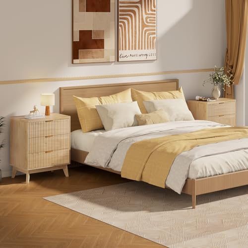 LYNCOHOME Fluted Nightstand, Bedside Table with Storage, Tall Night Stand with Drawers for Bedroom, Nature