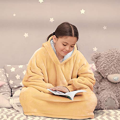 Blanket Sweatshirt, Super Soft Warm Cozy Wearable Sherpa Hoodie for Teens, Boys, Girls, Youth, Kids (7-15yr), Oversize, Reversible, Hood & Large Pocket, One Size, Camel - Thumbnail 5
