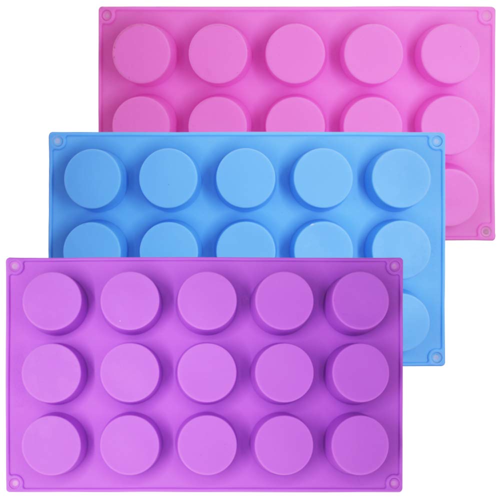 SENHAI 3 Pcs 15 Holes Cylinder Silicone Molds For Making Chocolate Candy Soap Muffin Cupcake Brownie Cake Pudding Baking Cookie - Purple Blue Pink