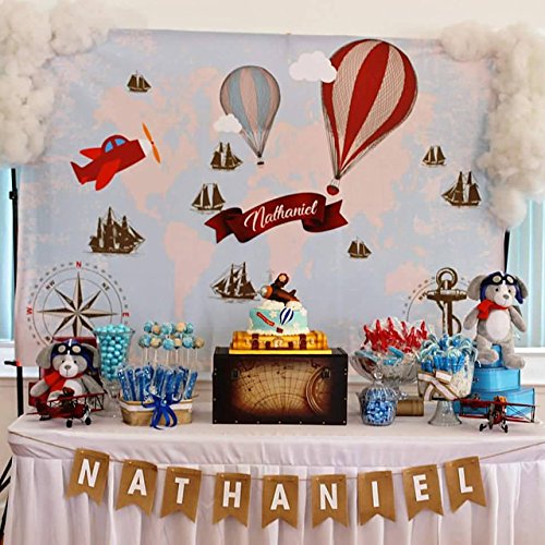 Funnytree 7x5ft Blue Hot Air Balloon Baby Birthday Backdrop World