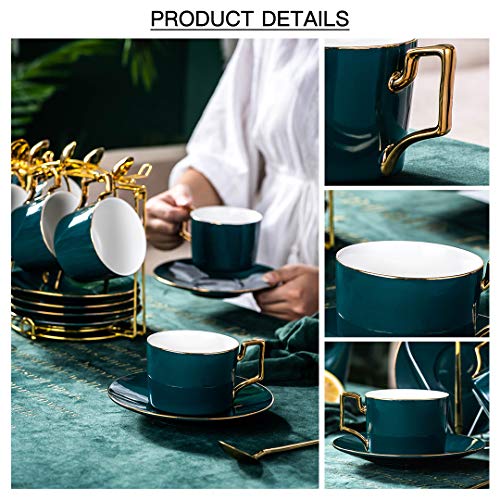 YOLIFE Cup Saucer Set Porcelain Tea Cup Set, Coffee Cup Saucer Set 8 oz China Tea Cup with Display Stand (Green Pack of 6) - Thumbnail 5
