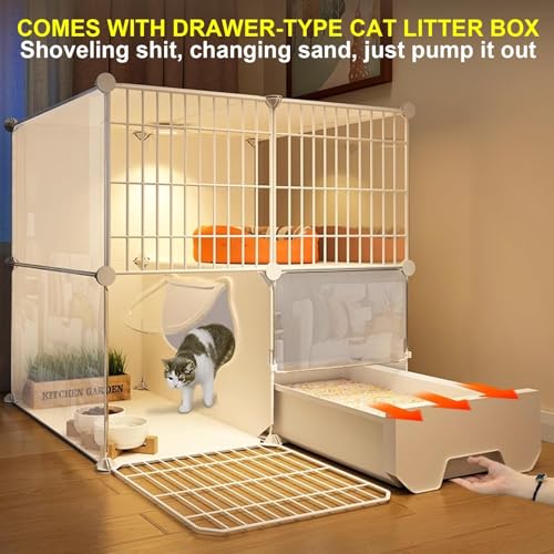 CENXI Cat Cage With Litter Box, Assembled Enclosures, Interactive Villa, Multi-Feature Enclosed Condo for 1-2 Cats - Easy Installation, No Tools Needed (With Light)