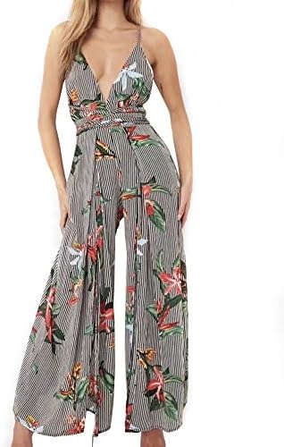 YNC Fashion Women's Summer Beach Floral Print Spaghetti Strap Wide Leg Party Jumpsuits Long Pants,Blackstripe,Medium