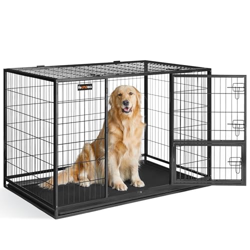 Feandrea Heavy-Duty Dog Crate, Dog Cage, 122 x 74.5 x 80.5 cm, for Medium and Large Dogs, Double Removable Door, Easy Cleaning, Pet Cage, XXL, Black PPD003B01