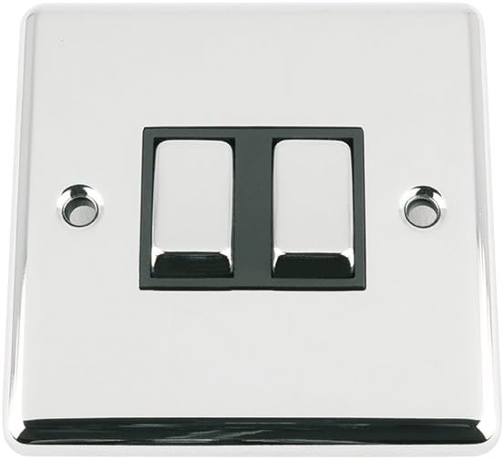 Light Switch 2 Gang Polished Chrome Classic - Black Insert - Metal Rocker Switches - 10A 2 Gang 2 Way, silver