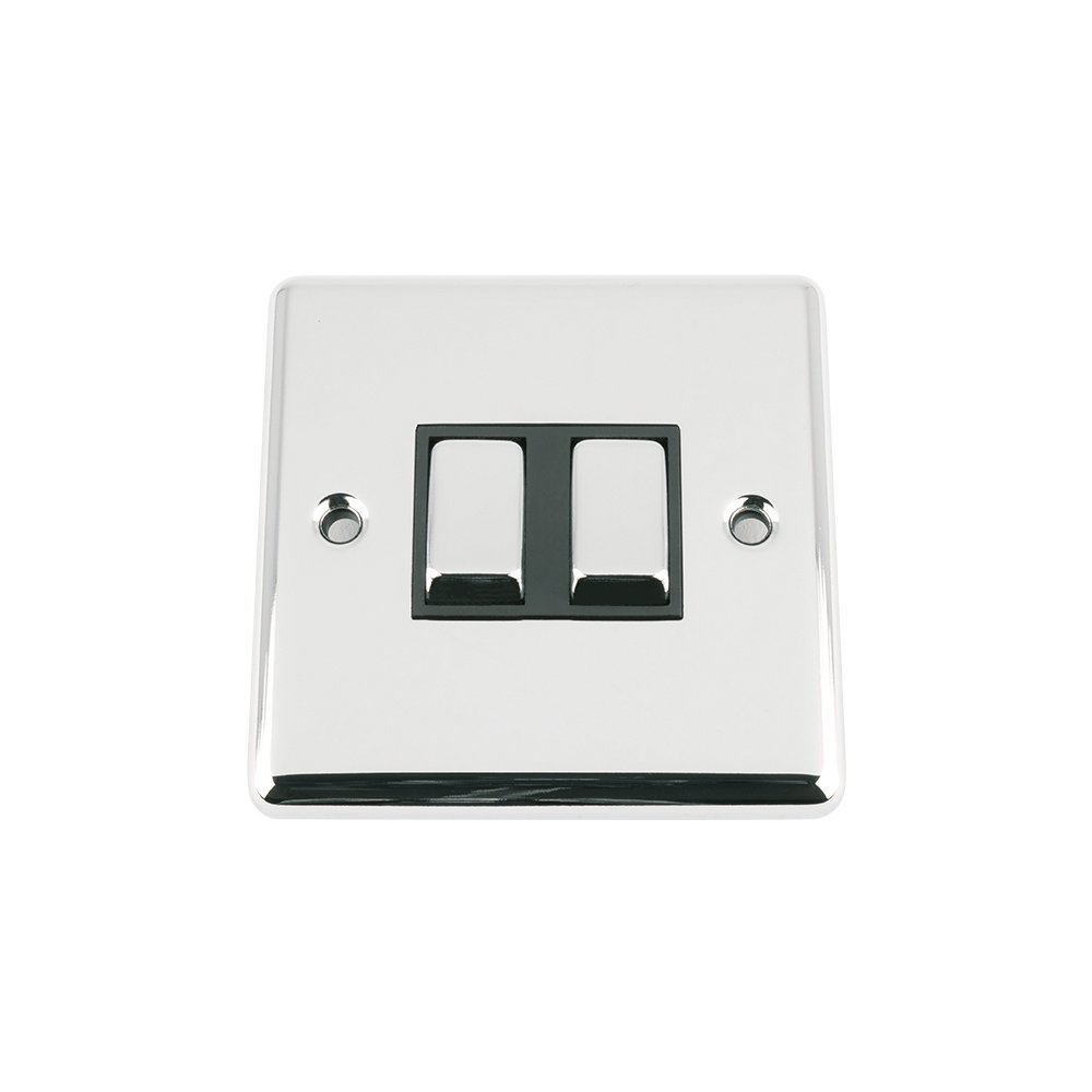 Light Switch 2 Gang Polished Chrome Classic - Black Insert - Metal Rocker Switches - 10A 2 Gang 2 Way