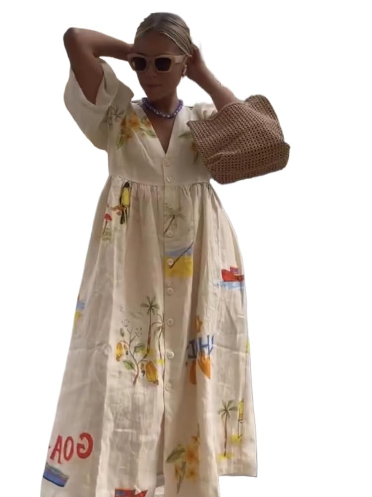 Photo 1 of (SMALL) (USED/FAIR) (BAGGED) Obenie Women's Linen deep V-Neck Loose Fitting Dress Cute Flower Print Dress Summer Beach Vacation Dress (White,S,Small)