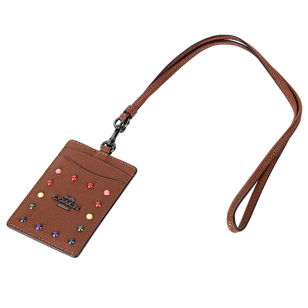 NWT Coach Lanyard Id/Badge Rainbow Rivet Holder Card Case Brown Leather