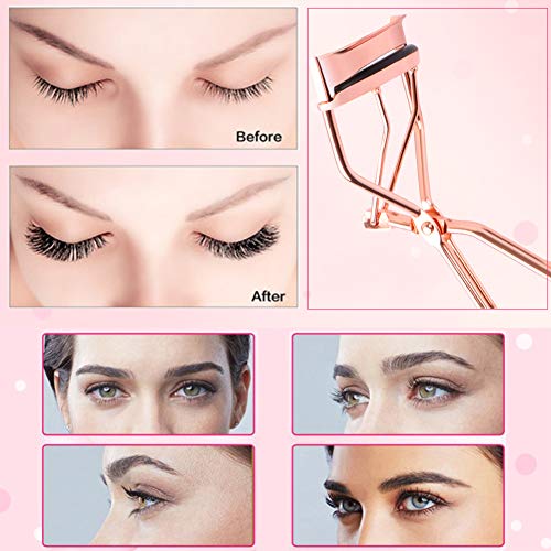 Eyelash Makeup Tools Set, Include 4 Pieces Eyelash Curler, Mini Eyelash Curler, False Eyelashes Extension Tweezers and 40 Pieces Black Silicone Refill Pads with Clear OPP, Rose Gold