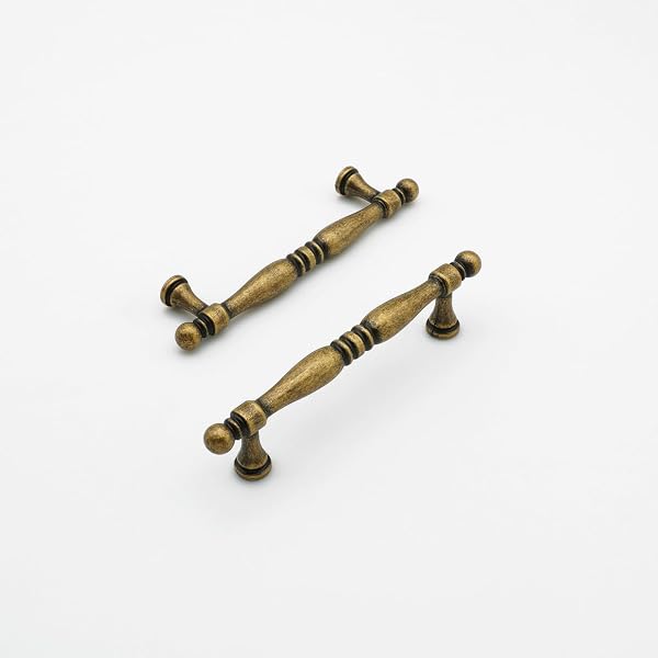 FURFITT 10 PACK ANTIQUE BRASS CABINET HANDLES 3.75 INCH/96MM HOLE CENTER ZINC ALLOY VINTAGE DRAWER DRESSER PULLS RETRO KITCHEN CUPBOARD BATHROOM FURNITURE HARDWARE