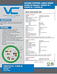 Control de acceso elevador de cable: 22 AWG 3 Par blindado + 18 AWG conductor de 4 + 4 Conductor + 22 AWG 22 AWG 2 Conductor, hilo de conductores de cobre desnudo, verde, 500 ft Bobina