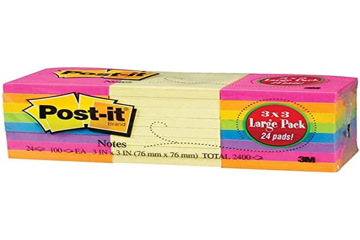 Post-it Sticky Notes Neon Colours 3x3 inch Large Pack of 24 Pads x 100 Sheets