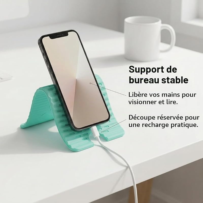 Support Téléphone Portable Pliable en Silicone, Support Bureau Universel Antidérapant pour Smartphone et Tablette, Réglable et Ergonomique (1, Bleu)