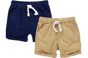 HILEELANG Toddler Boys' Flat Front Shorts Summer Uniform Chino Shorts with Pockets Khaki Navy Blue 2-Pack 3t