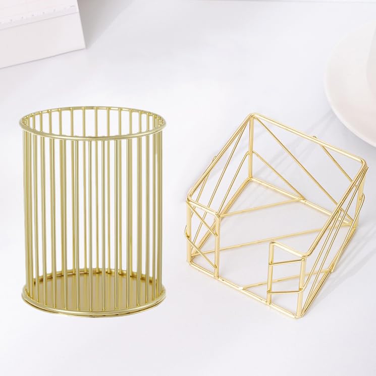 Gold Metal office accessories for desk,cute work desk gift,post it holder,Sticky Note/Memo Pad/pencil Holder,stationery organiser,pen pots/caddy,pen stand,Makeup Brushes Cup,desktop tidy organiser set
