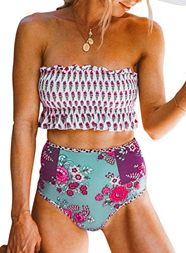 EVALESS Women 2 Pieces Bikini Sets Bandeau Swimwear High Waist Swimsuit