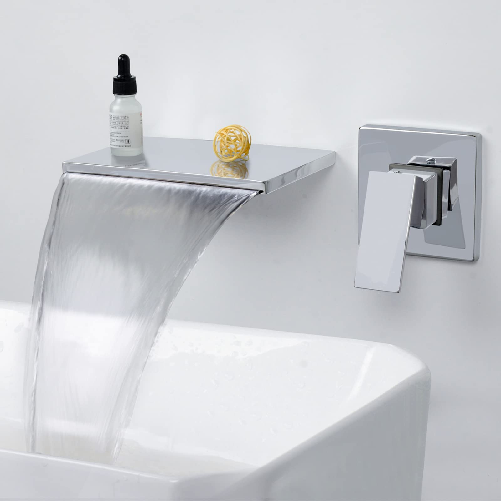 SHANFO Wall Mounted Bath Taps Waterfall Chrome 20cm Spout Brass Bath Filler Tap Wall Basin Tap