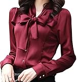 Unko Women Casual Lapel V-neck Long Sleeve Bow Tie Chiffon Blouse