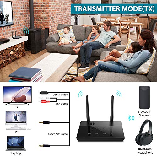 Lasuney Bluetooth 5.0 Transmitter Receiver, AptX HD Low Latency Wireless Audio Adapter for TV and Home Stereo, Pairs 2 Headphones, Long Range, Voice Guide, Touch Screen, Splitter for Wire & Wireless - Thumbnail 2