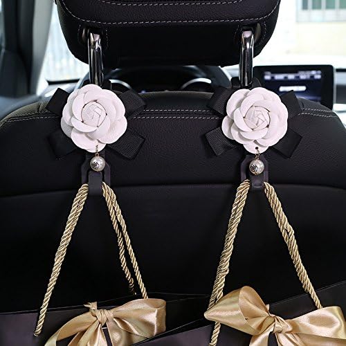 Follicomfy 2pcs Camellia Flowers Car Seat Back Hooks Hangers Organizer Headrest Mount Storage Hooks Clips Styling Car Accessories,White Flower