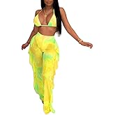 Ophestin Womens Sexy Halter Sheer Bikini Ruffle Long Pants Set 2 Piece Swimsuit