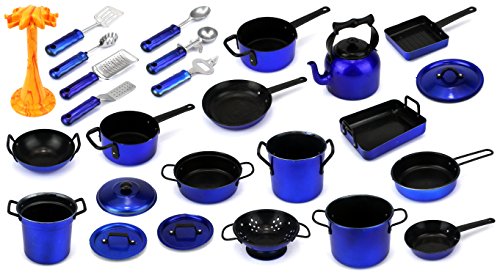 Complete 21 Piece Children Kid's Pretend Play Toy Kitchen Utensils
Kitchenware Playset w/ Variety of Pots, Pans, Utensils, Tea Kettle
(Colors May Vary)