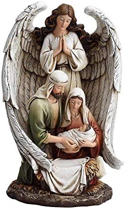 Beautiful Christmas 10" H One Piece Tabletop Stand Alone Nativity Scene Figurine of Guardian Angel and Holy Family Includes Christmas Blessing Prayer Card