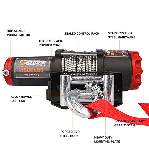 ZESUPER 4500lb Waterproof Winch Electric Winch Kit, Waterproof IP67