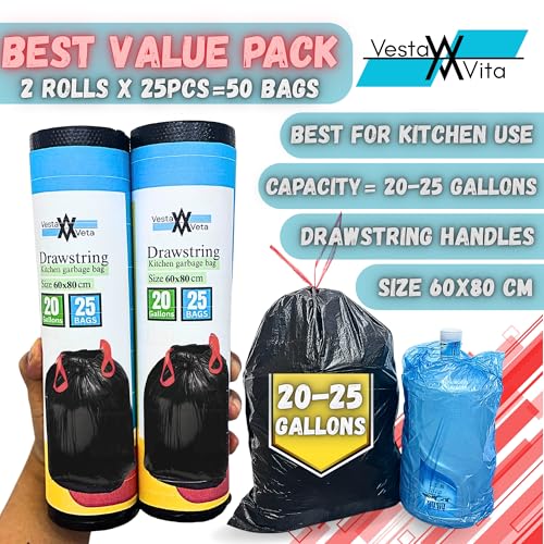 VESTA VITA - 60 * 80cm Black - pack of 2 rolls 50pcs - 20-25 Gallon Medium Garbage bag for home and office - Garbage bag small for kitchen use - Drawstring Trash bags - Plastic bags with handles