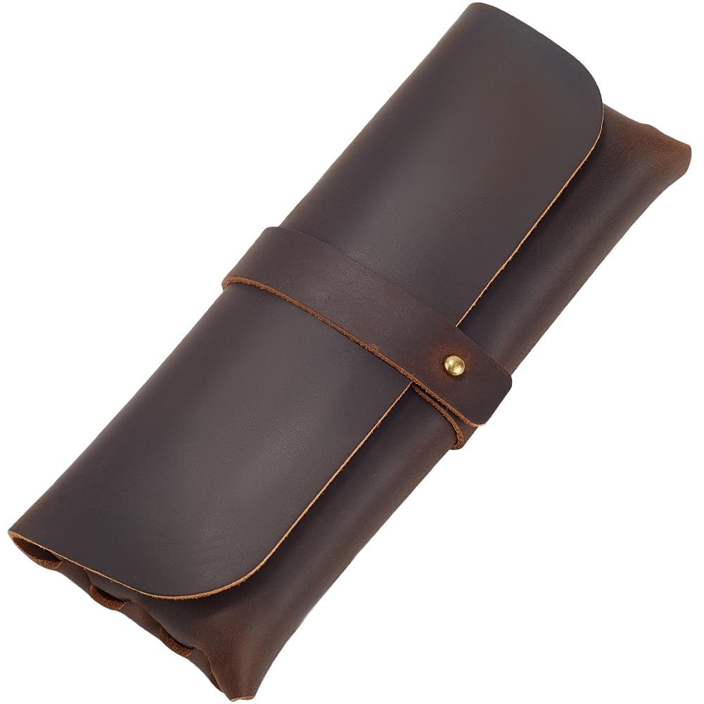 GORGECRAFT Coffee Crazy Horse Leather Pen Case Retro Genuine Leather Snap Cover Pencil Cases Large Capacity Pencil Pouch Organizer Stationery Bag for Pen Pencils Men Women Glasses Sunglasses Artists