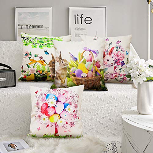 JOHOUSE 4 Pieces Easter Pillowcase, Rabbit Eggs Linen Pillow Cushion Case Easter Bunny Upholstered Sofa Pillowcases, 18 x 18 inch