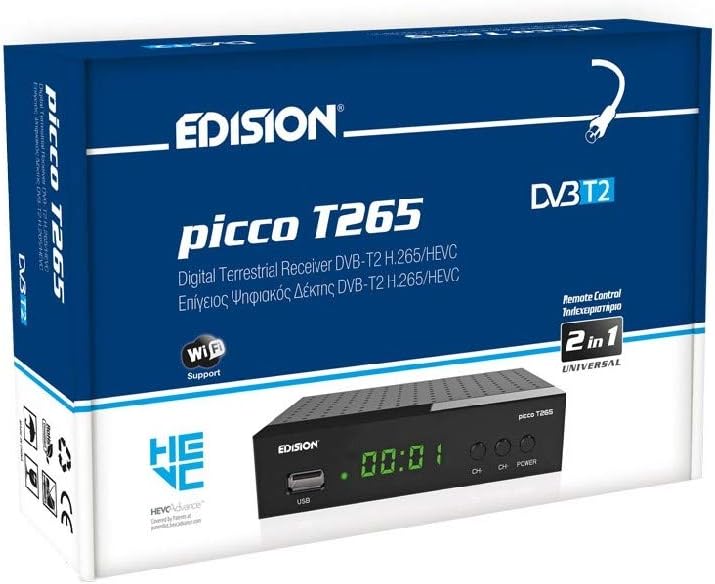 EDISION PICCO T265, DTT High Definition H265 HEVC, DVB-T2 Receiver, WiFi Support, IR Remote Control 2in1, Black